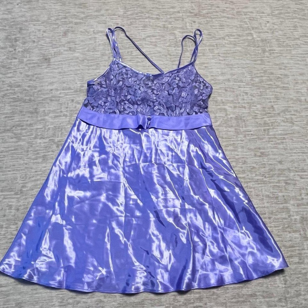 VTG‎ Angelique Purple Satin Lace Nightgown Spaghetti Strap Lingerie Sleepwear